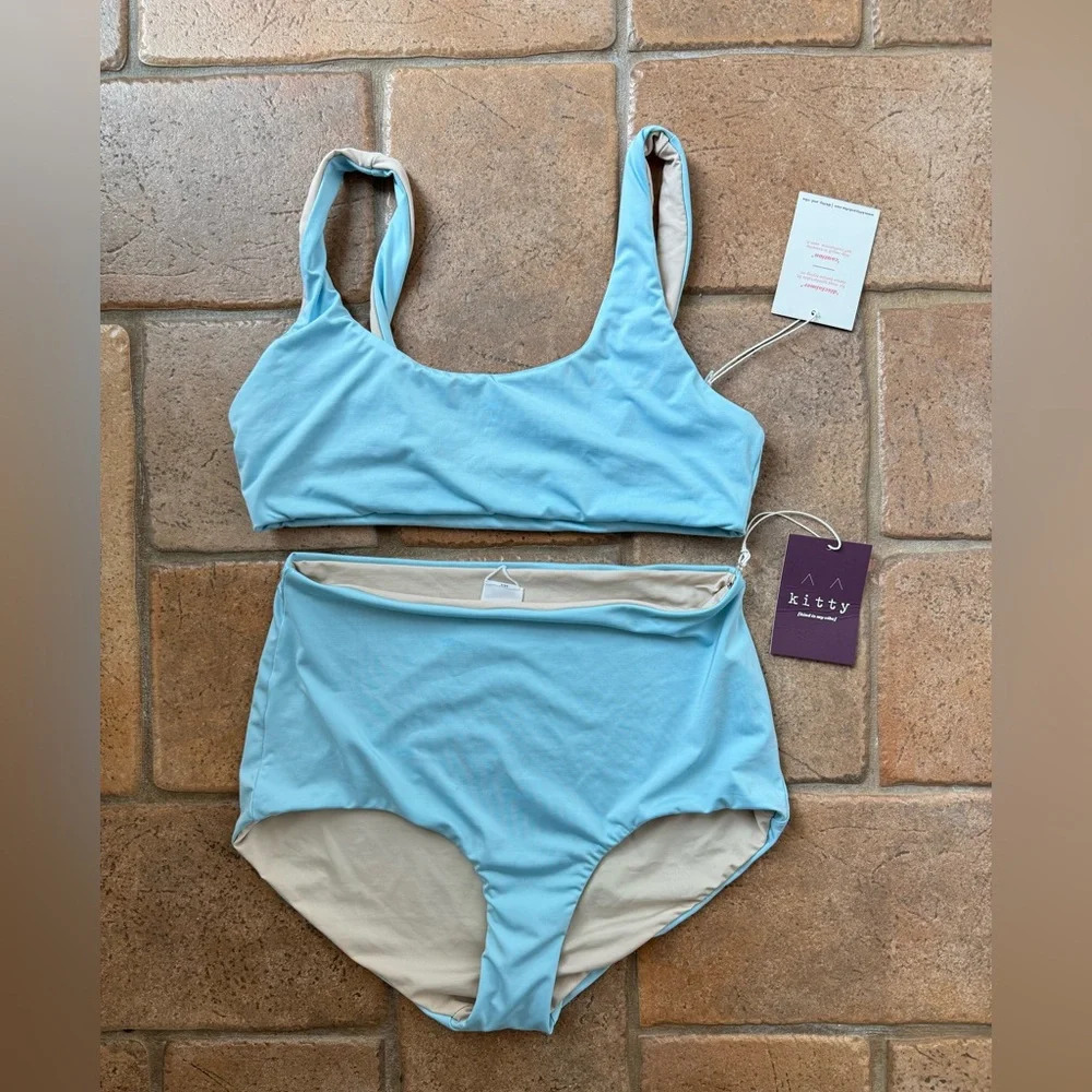 NWT Kitty and Vibe Reversible Scoop Top and High Waisted Bottoms Bikini